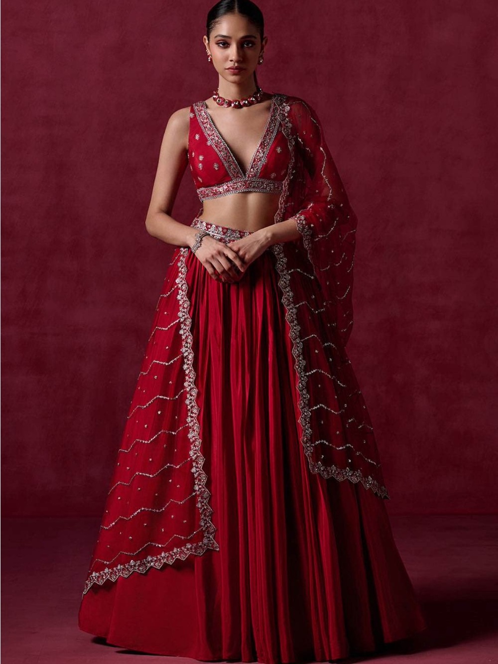 Red Embroidered Crepe Silk Lehenga